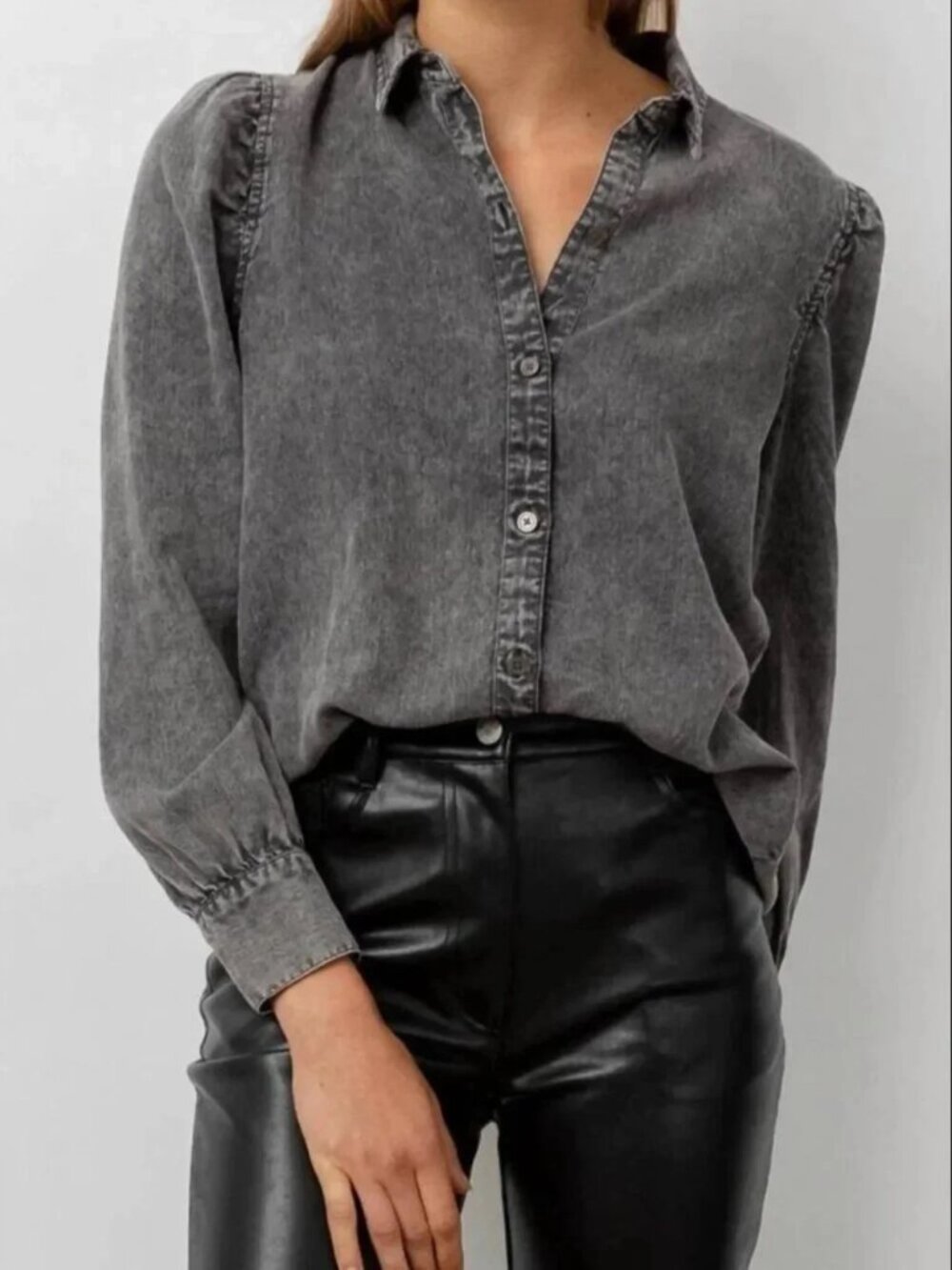 Rails Women's Angelica Acid Wash Chambray Linen Blend Shirt in Faded Black XS